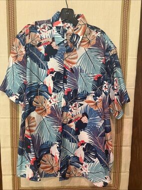 Men's Tropical Floral Short-Sleeve Button-Down Shirt - Blue/Multicolor